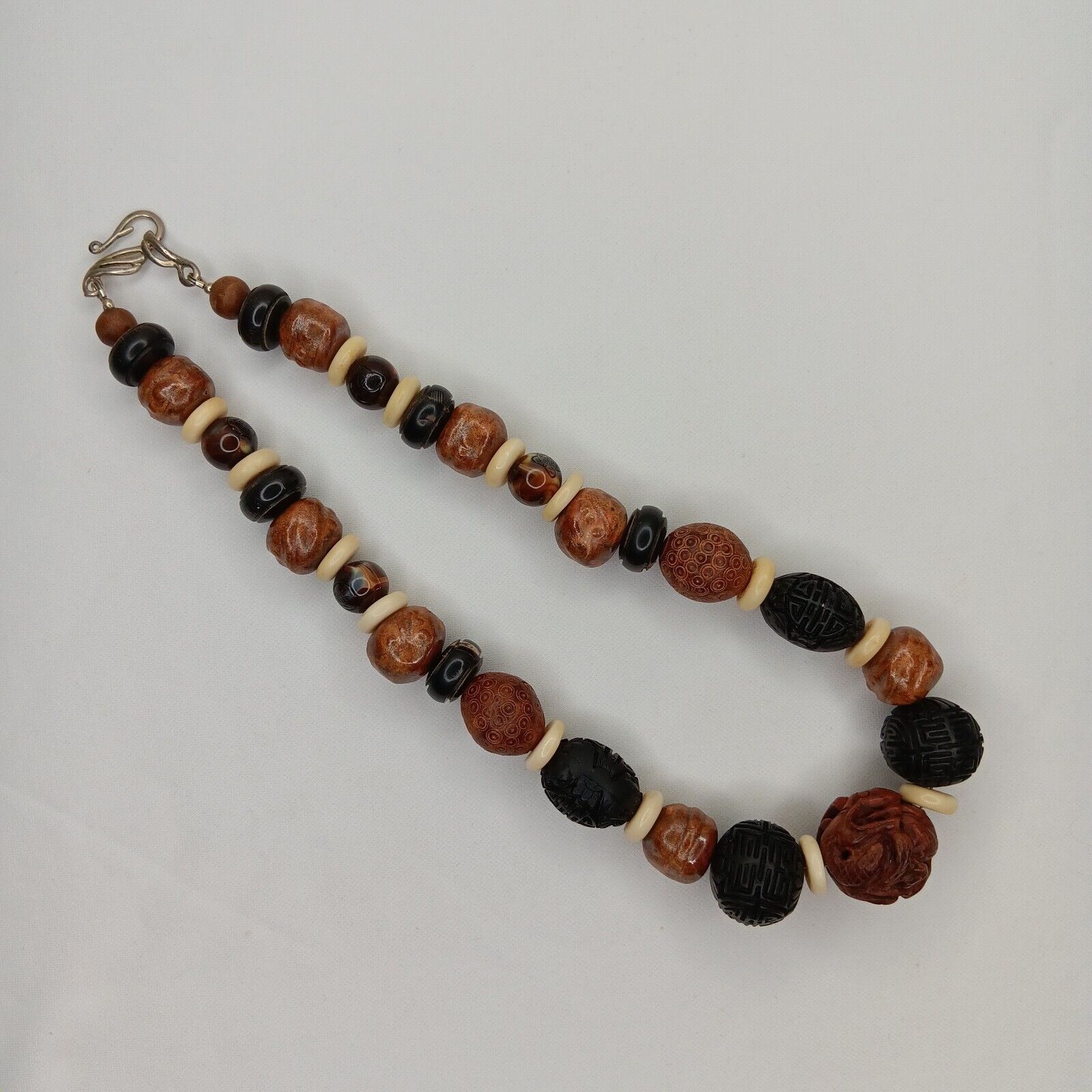 Vintage Chinese Carved Black Cinnabar Lacquer Wood Beads Statement Necklace